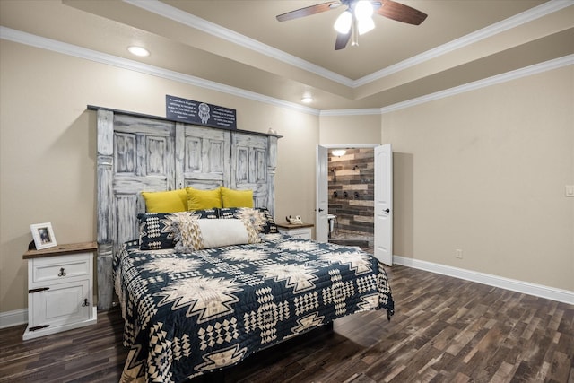 bedroom featuring ceiling fan, ornamental molding, dark hardwood / wood-style floors, and a raised ceiling