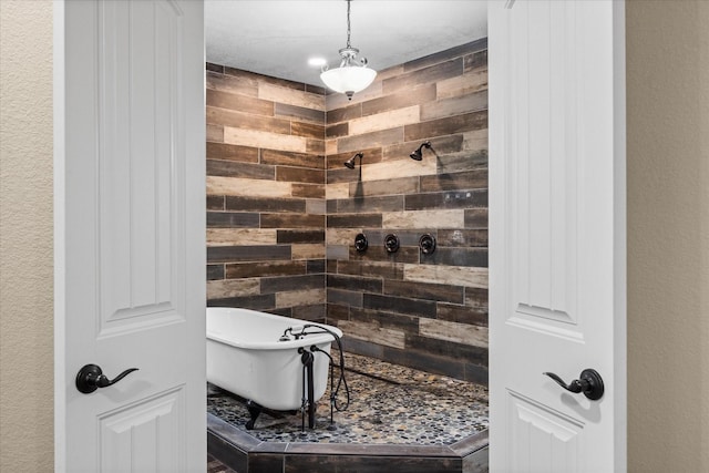 bathroom with plus walk in shower and wood walls