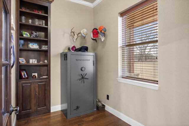 interior space with dark wood-type flooring and ornamental molding