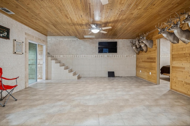 interior space with ceiling fan and wood ceiling