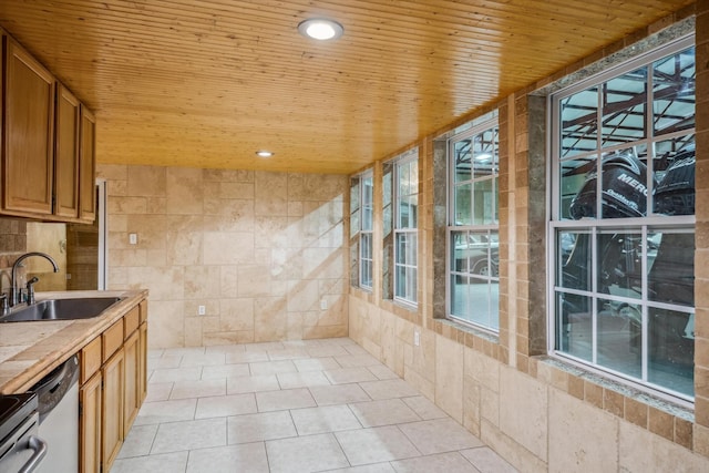 kitchen with plenty of natural light, stainless steel appliances, sink, and wooden ceiling