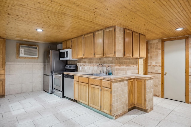 kitchen with an AC wall unit, a sink, stainless steel electric range oven, white microwave, and wood ceiling