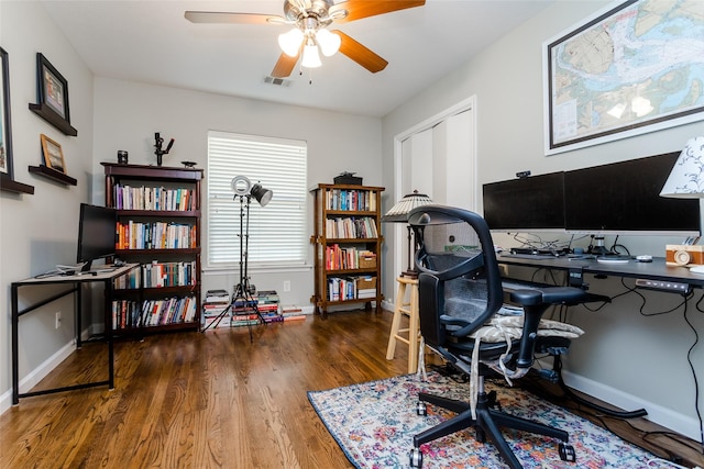 office area featuring ceiling fan and dark hardwood / wood-style flooring