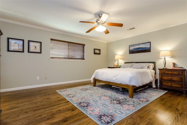 bedroom featuring ceiling fan, ornamental molding, and dark hardwood / wood-style floors