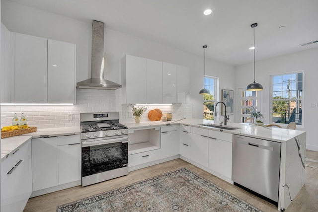 kitchen featuring wall chimney exhaust hood, sink, kitchen peninsula, stainless steel appliances, and white cabinets