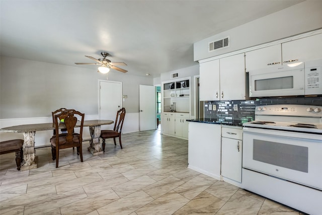 1241 Cypress Dr, Richardson, TX 75080 - kitchen featuring white appliances, ceiling fan, visible vents, white cabinetry, and backsplash