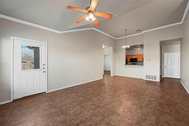 unfurnished living room featuring ceiling fan, ornamental molding, and lofted ceiling