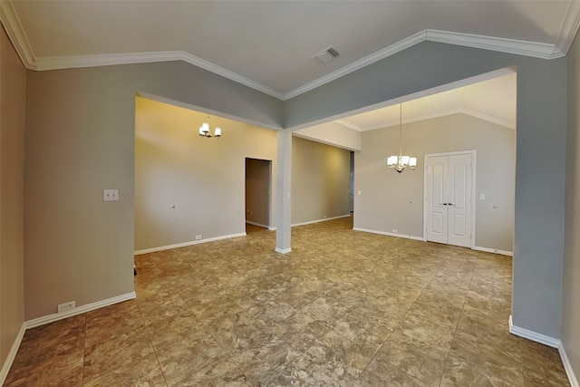 empty room with ornamental molding, a chandelier, and vaulted ceiling