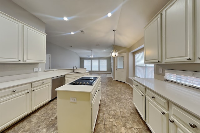 kitchen featuring a kitchen island, dishwasher, hanging light fixtures, kitchen peninsula, and black electric cooktop