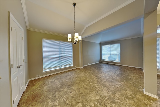 spare room with ornamental molding, vaulted ceiling, and a notable chandelier