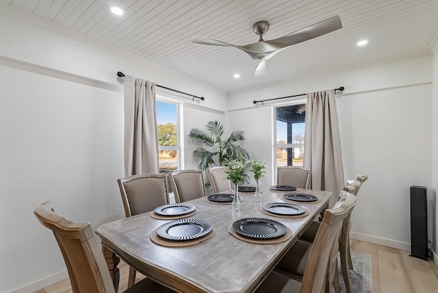 dining space featuring wood ceiling and light hardwood / wood-style floors