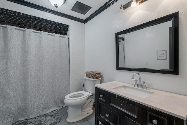 bathroom with vanity, ornamental molding, a shower with curtain, tile patterned floors, and toilet