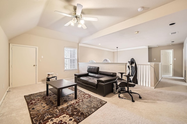 carpeted living room with vaulted ceiling and ceiling fan