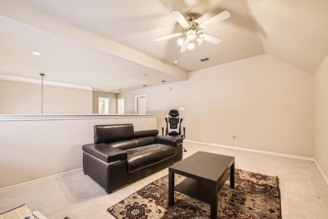 carpeted living room featuring lofted ceiling and ceiling fan