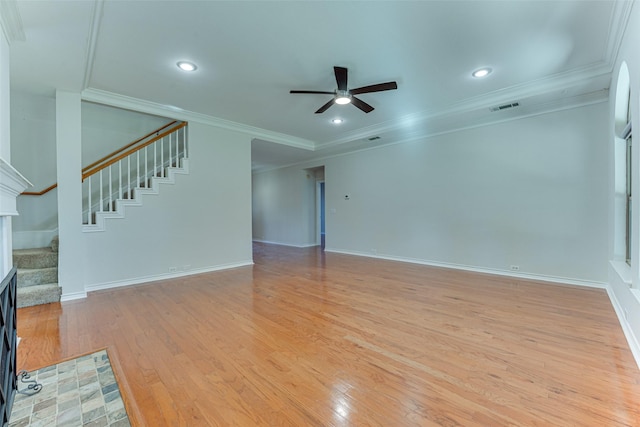 unfurnished living room with crown molding, light hardwood / wood-style floors, and ceiling fan