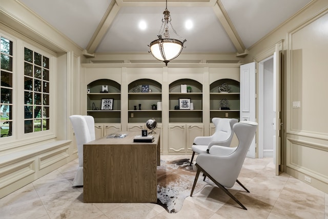 interior space featuring lofted ceiling with beams