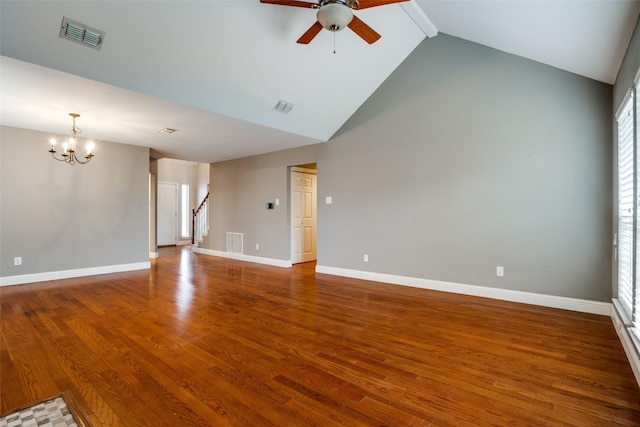 empty room featuring hardwood / wood-style flooring, high vaulted ceiling, ceiling fan with notable chandelier, and beamed ceiling