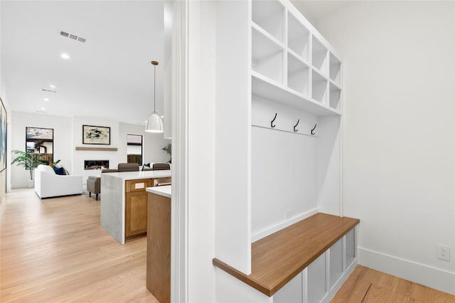 mudroom with light hardwood / wood-style flooring