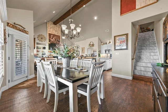 dining space with beamed ceiling, high vaulted ceiling, dark hardwood / wood-style flooring, and an inviting chandelier