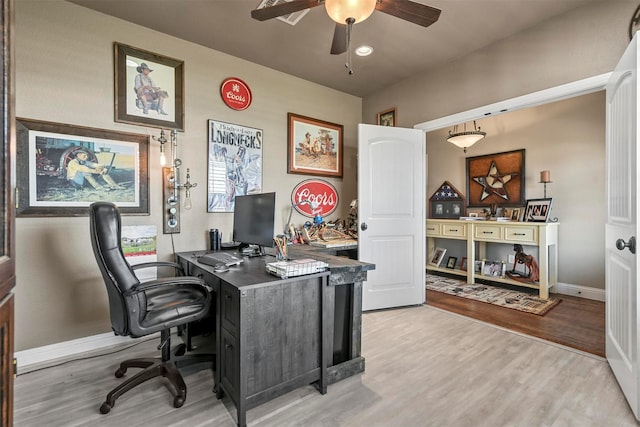 office area featuring hardwood / wood-style flooring and ceiling fan