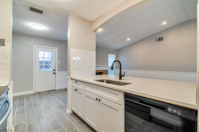 kitchen featuring white cabinetry, dishwasher, sink, and a textured ceiling