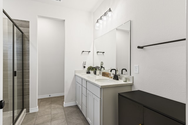 bathroom with vanity, tile patterned floors, and walk in shower