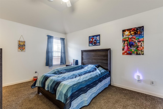 carpeted bedroom featuring lofted ceiling and ceiling fan