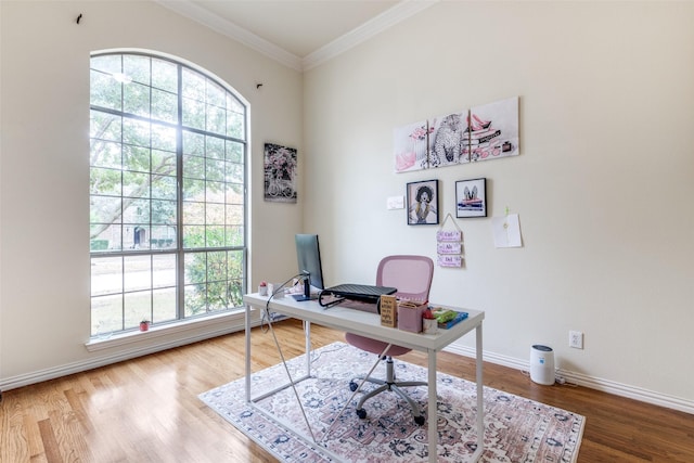 office space featuring hardwood / wood-style flooring, a wealth of natural light, and ornamental molding