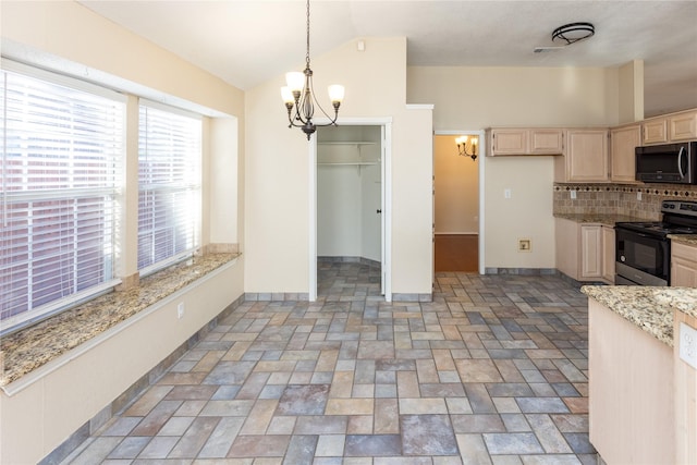 kitchen with backsplash, light brown cabinetry, electric range, lofted ceiling, and a notable chandelier