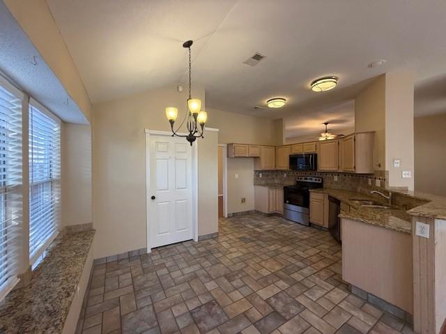 kitchen featuring light brown cabinetry, decorative light fixtures, dishwashing machine, light stone countertops, and stainless steel electric range