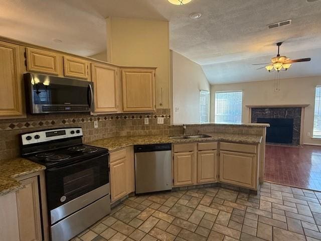 kitchen featuring vaulted ceiling, appliances with stainless steel finishes, sink, and light stone counters