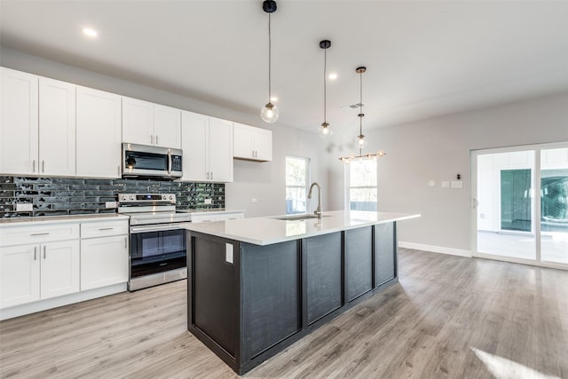 kitchen with appliances with stainless steel finishes, tasteful backsplash, white cabinets, hanging light fixtures, and a kitchen island with sink