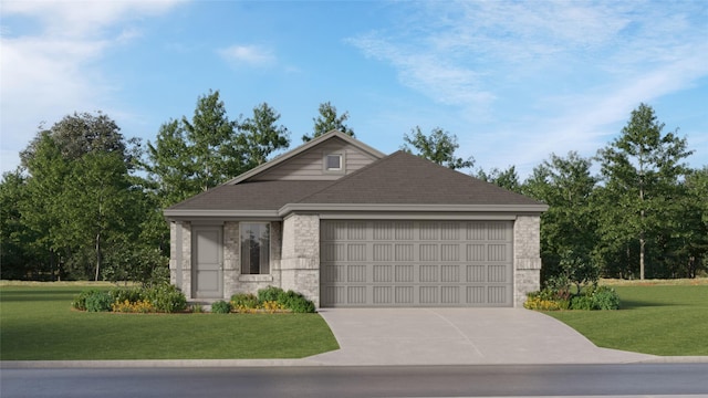 view of front of home with a garage and a front lawn