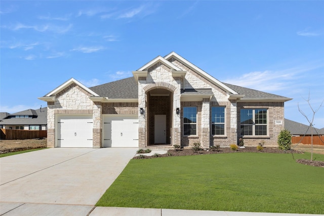 view of front of property with brick siding, fence, concrete driveway, a front yard, and a garage