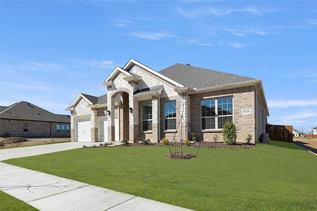 view of front of property with driveway, brick siding, roof with shingles, and a front yard