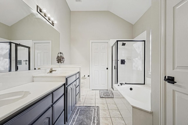 full bathroom featuring lofted ceiling, vanity, tile patterned floors, and independent shower and bath