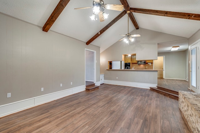 unfurnished living room with vaulted ceiling with beams, dark hardwood / wood-style floors, a textured ceiling, and ceiling fan