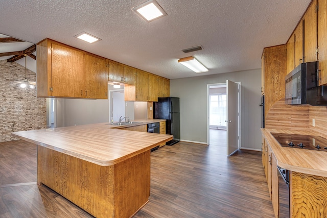 kitchen featuring sink, dark hardwood / wood-style floors, black appliances, and kitchen peninsula