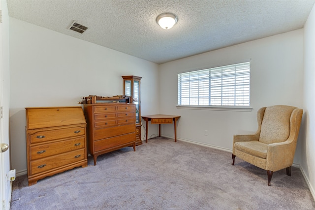 living area with light colored carpet and a textured ceiling