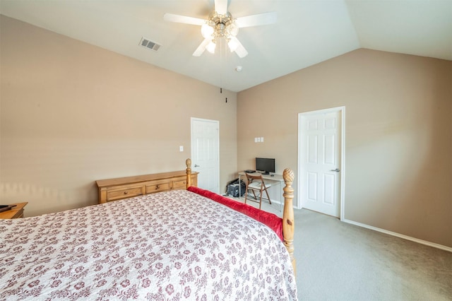 bedroom featuring a ceiling fan, carpet, visible vents, baseboards, and lofted ceiling