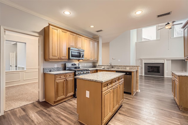 kitchen featuring a kitchen island, appliances with stainless steel finishes, wood-type flooring, ceiling fan, and kitchen peninsula