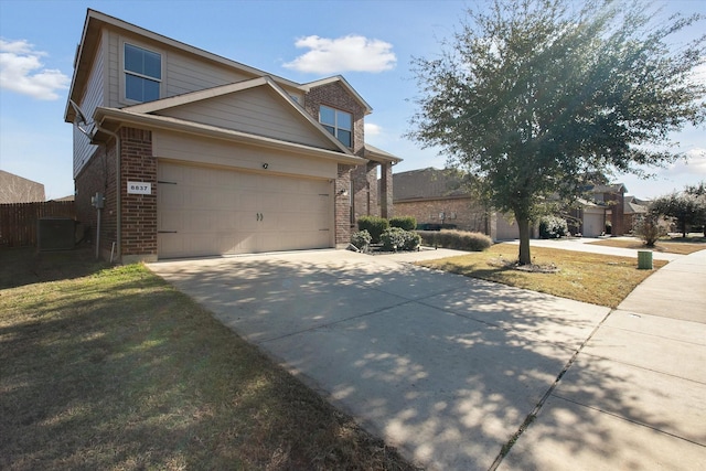 view of side of property with a garage, cooling unit, and a lawn