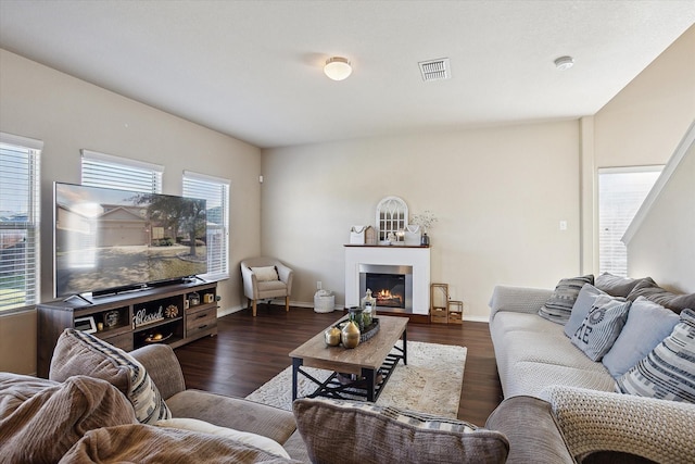 living room with dark hardwood / wood-style floors