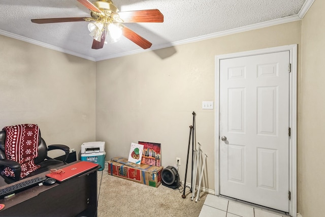 office space featuring crown molding, light tile patterned flooring, ceiling fan, and a textured ceiling