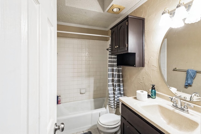 full bathroom featuring shower / bath combination with curtain, vanity, toilet, crown molding, and a textured ceiling