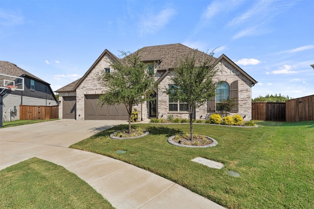 view of front of house with a garage and a front lawn