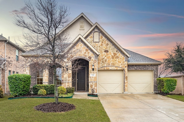 view of front facade with a garage and a yard