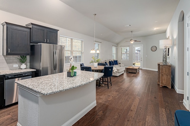 kitchen with stainless steel appliances, a healthy amount of sunlight, a center island, and dark hardwood / wood-style floors