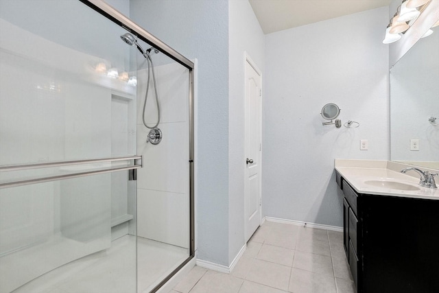 bathroom featuring tile patterned flooring, vanity, and walk in shower