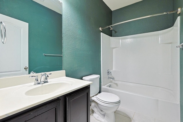 full bathroom featuring shower / tub combination, vanity, toilet, and tile patterned flooring